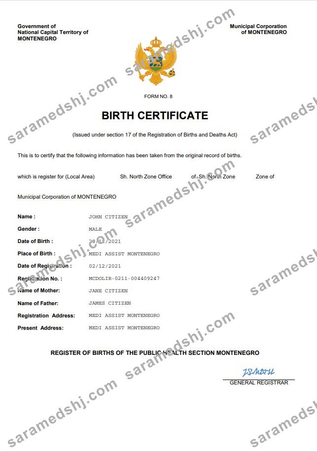 Montenegro birth certificate Word and PDF template